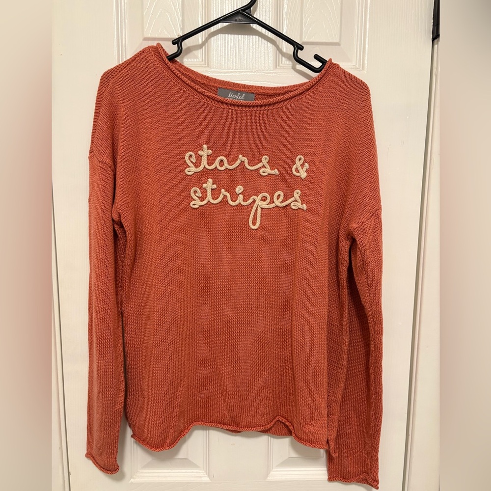 Marled Reunited Rust Orange Sweater with 3D Rolled Stars & Stripes Accent